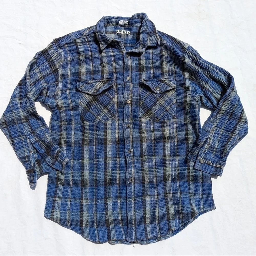 Vintage 90s Grunge Waffle Fabric Collared Button Up - Mens XL Unisex Oversized